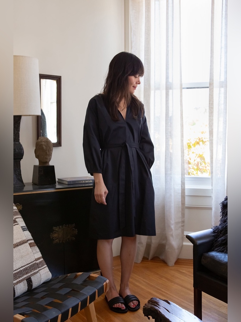 Erica Tanov Black Tynan Lightweight Cotton Poplin Long Sleeve Shift Dress M - Picture 8 of 8